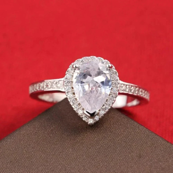 925 Sterling Silver Pear Cut Diamond Ring Earrings - Picture 3 of 10